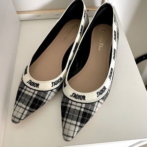 Dior J’Adior Tartan Print Plaid Black White Ballet Flat Sz 38 NIB